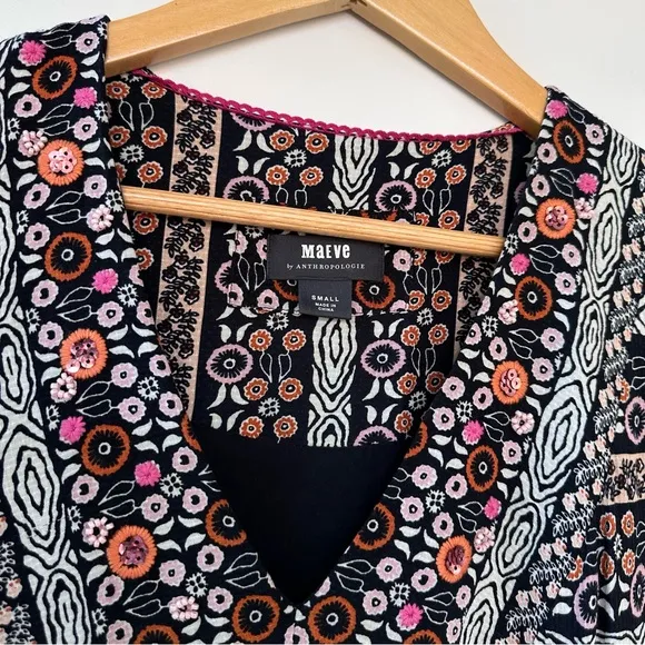 Anthropologie Maeve Embellished Breathable Long Sleeve Dress Spring Summer