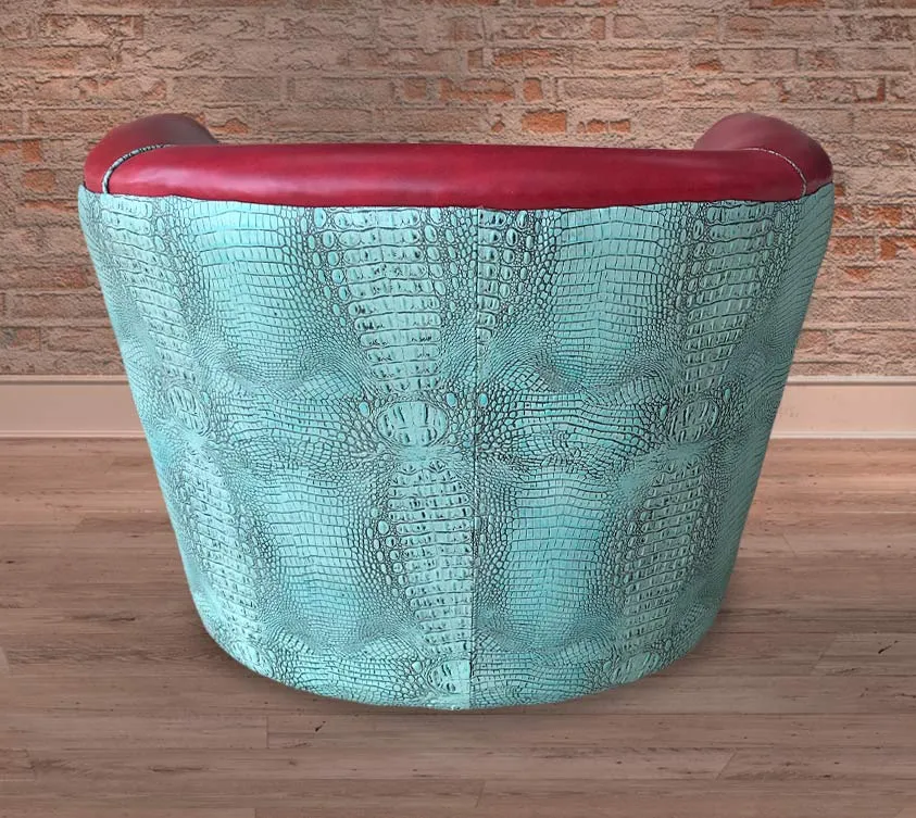 Custom Barrel Chair in Pomegranate Red & Antique Croc Turquoise