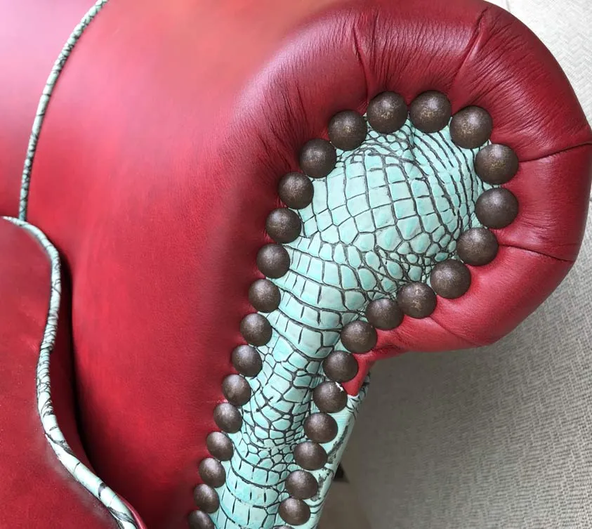 Custom Barrel Chair in Pomegranate Red & Antique Croc Turquoise