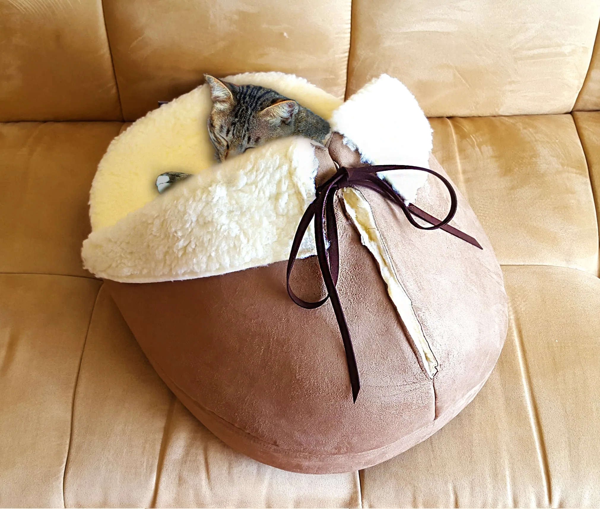 Giant Slipper Cat Bed in Mocha Suede- 100% vegan materials