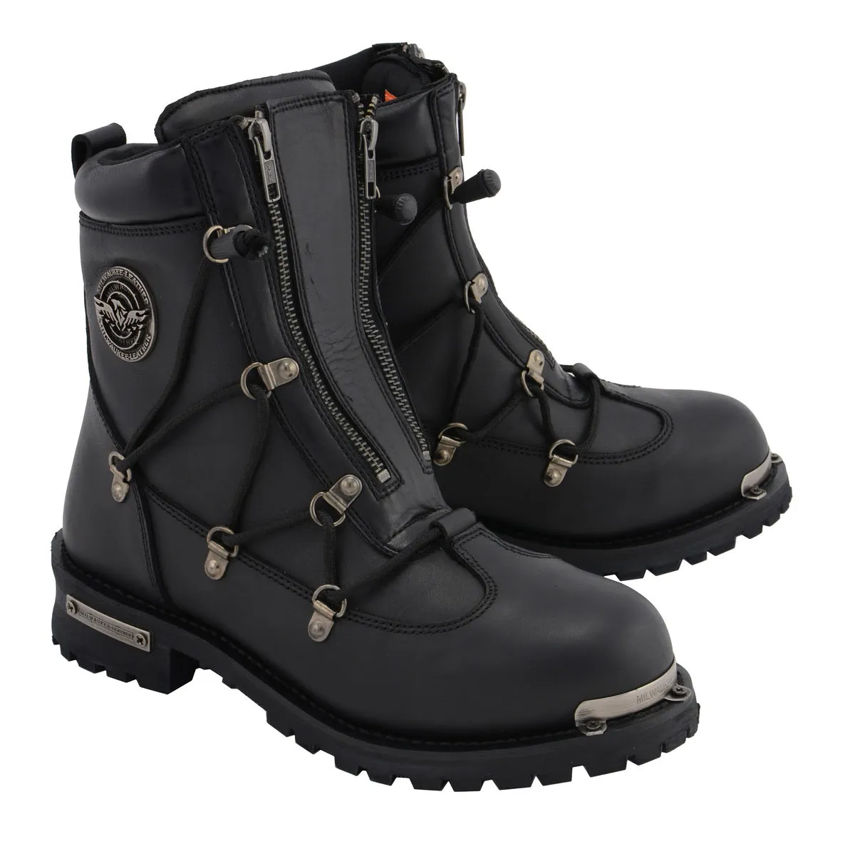 MBM9075 Men's Black Leather 6-inch Plain Toe Dual Zipper Motorcycle Rider Boots