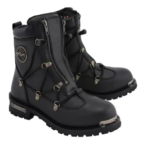 MBM9075 Men's Black Leather 6-inch Plain Toe Dual Zipper Motorcycle Rider Boots