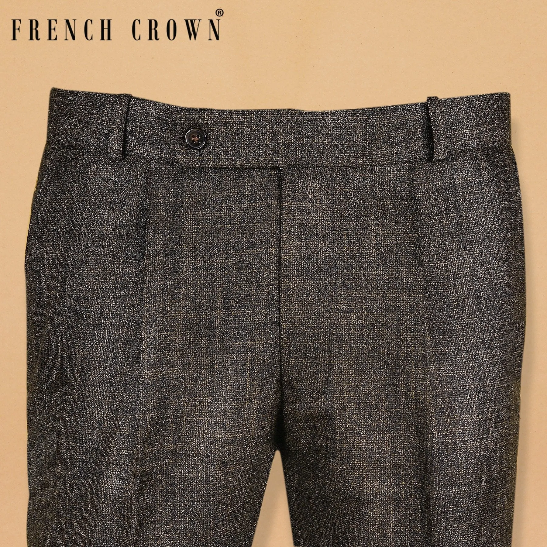 Peanut Brown Slub textured Checked Terry Rayon Formal Pant