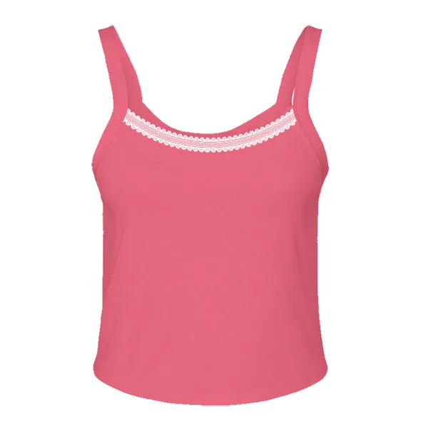 Rib Tank with Spaghetti Straps and Lace Trim