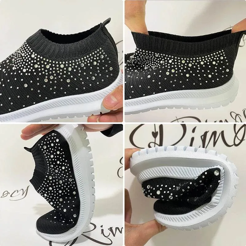 Rimocy Crystal Breathable Mesh Sneaker Shoes for Women Comfortable Soft Bottom Flats