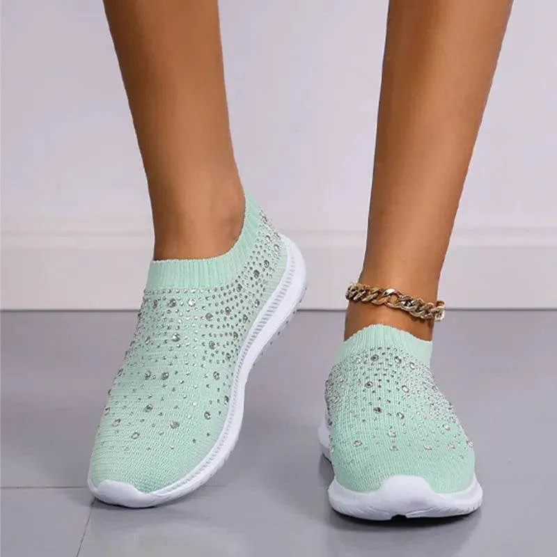 Rimocy Crystal Breathable Mesh Sneaker Shoes for Women Comfortable Soft Bottom Flats