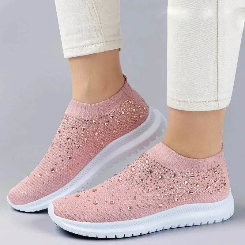 Rimocy Crystal Breathable Mesh Sneaker Shoes for Women Comfortable Soft Bottom Flats