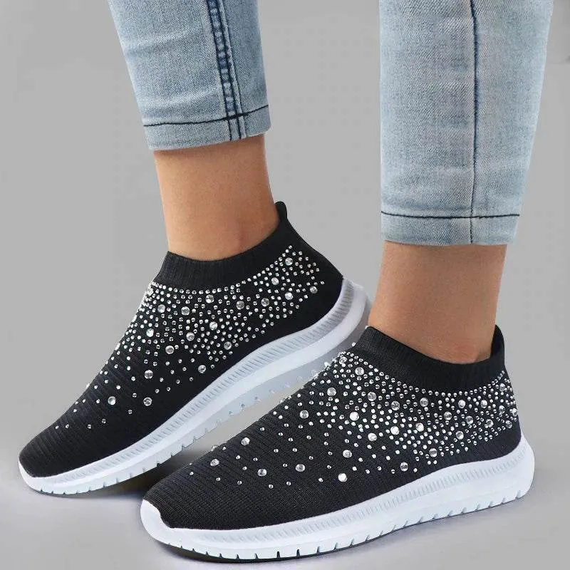Rimocy Crystal Breathable Mesh Sneaker Shoes for Women Comfortable Soft Bottom Flats