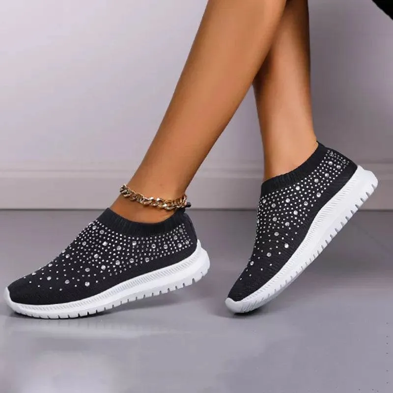 Rimocy Crystal Breathable Mesh Sneaker Shoes for Women Comfortable Soft Bottom Flats