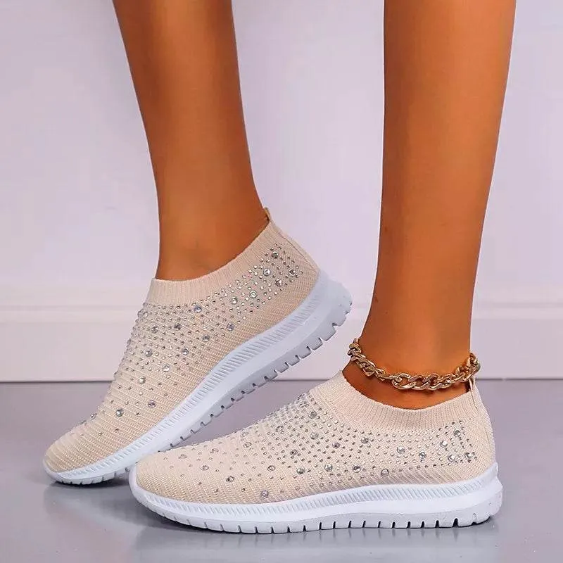 Rimocy Crystal Breathable Mesh Sneaker Shoes for Women Comfortable Soft Bottom Flats