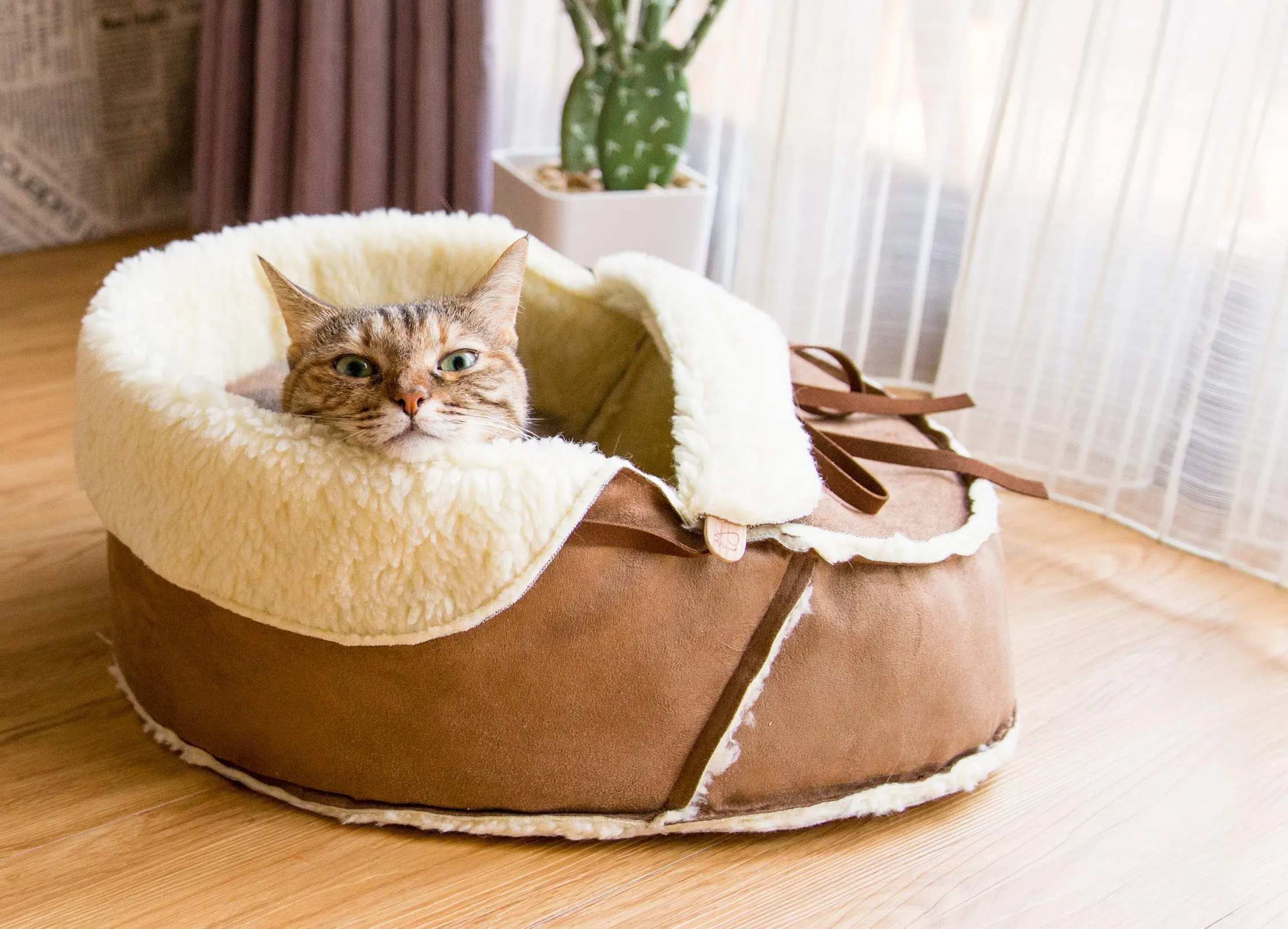 Seconds SALE: Sherpa Moccasin Cat Bed in Mocha Suede