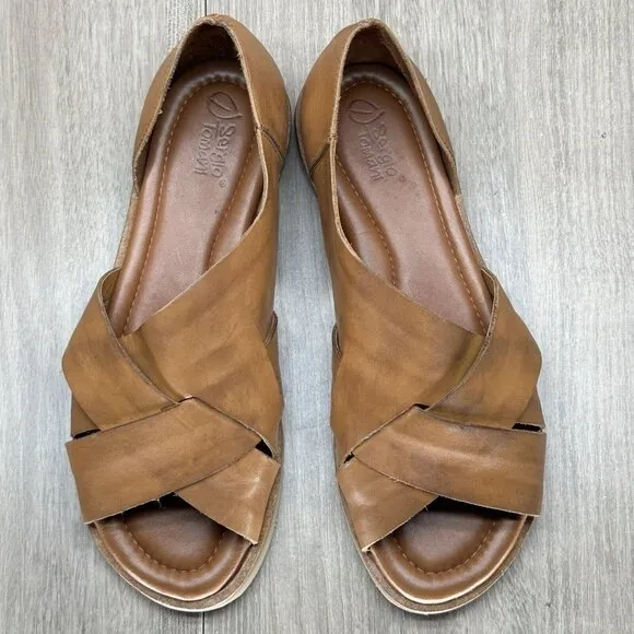 Sergio Tomani Sandal Womens 38 US8 Elfa Basketweave Leather D'orsay Flats Brown